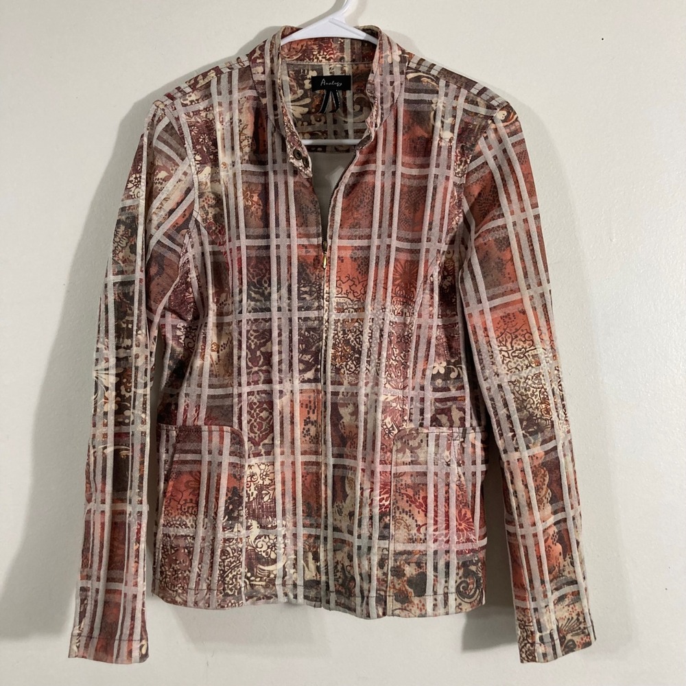Analogy Lightweight Jacket Womens M Rust Brown Plaid Paisley Zip Up